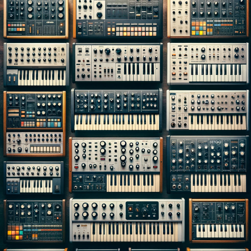 collage of synthesizers and drum machines