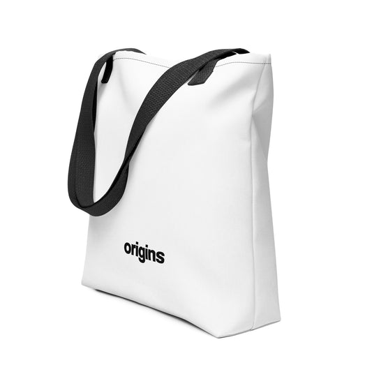 origins white with black accents tote bag